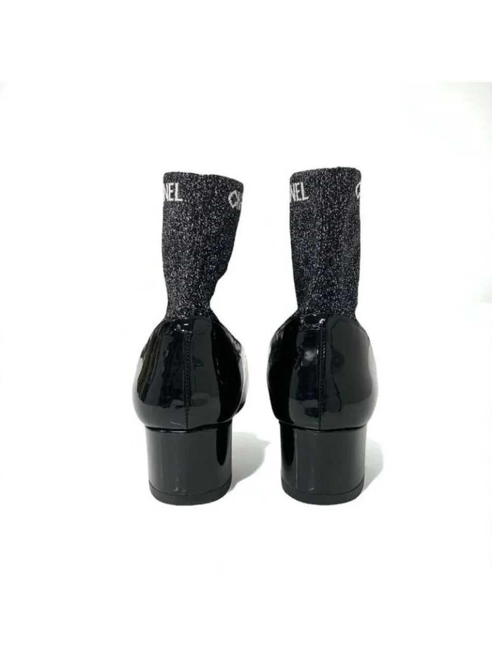 Chanel Boots Short Shoes Patent Fabric Black Silver Coco Mark Lame Sock - Picture 5 of 10